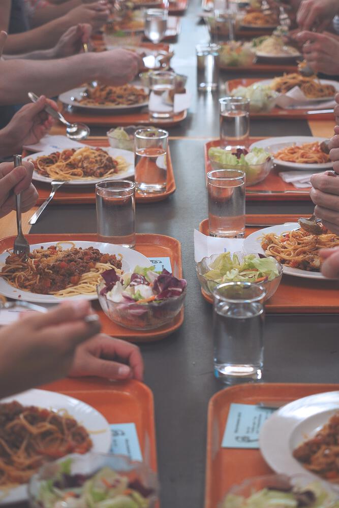 Eating lunch in cafeteria